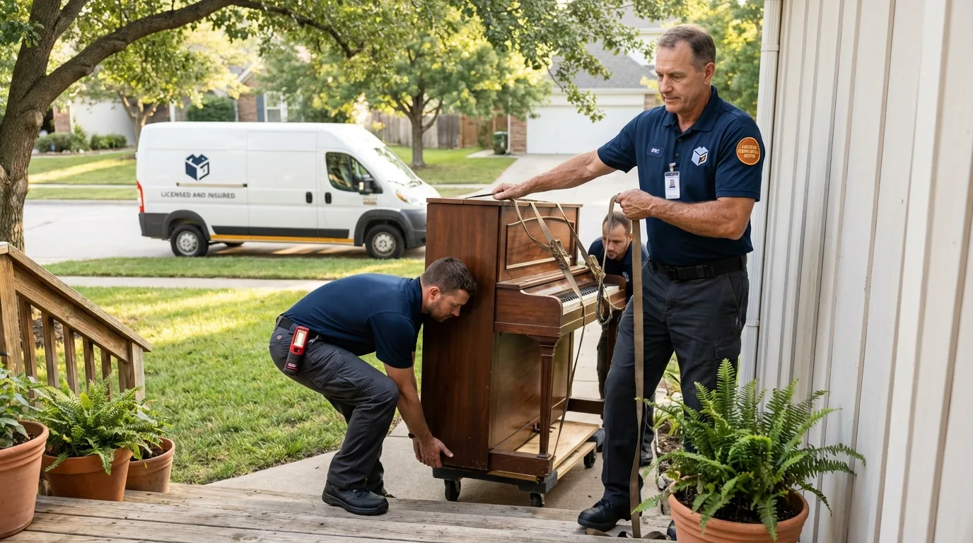 Licensed piano movers securing grand piano in Sikeston, MO