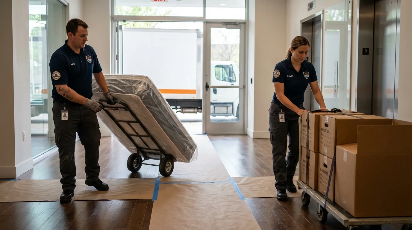 Professional apartment movers loading elevator in Sikeston, MO